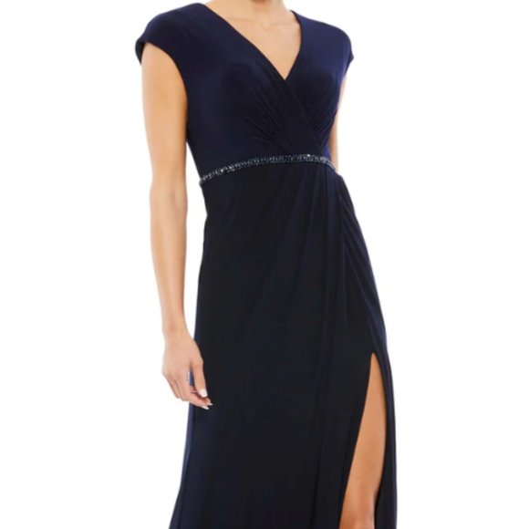 MAC DUGGAL 67850 FAUX WRAP V-NECK CAP SLEEVE JERSEY STRETCH NAVY GOWN sz 22 - Picture 1 of 7